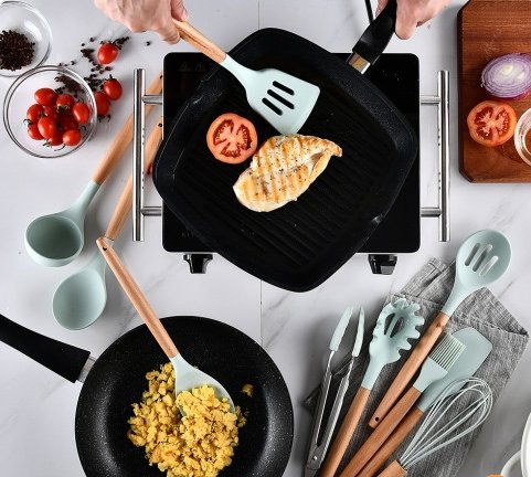 Mint Kitchen Utensil Set With Bamboo Handle - Organisation Station AU