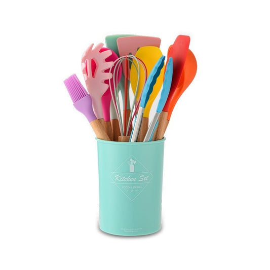 Multi-coloured Kitchen Utensil Set With Bamboo Handle - Organisation Station AU