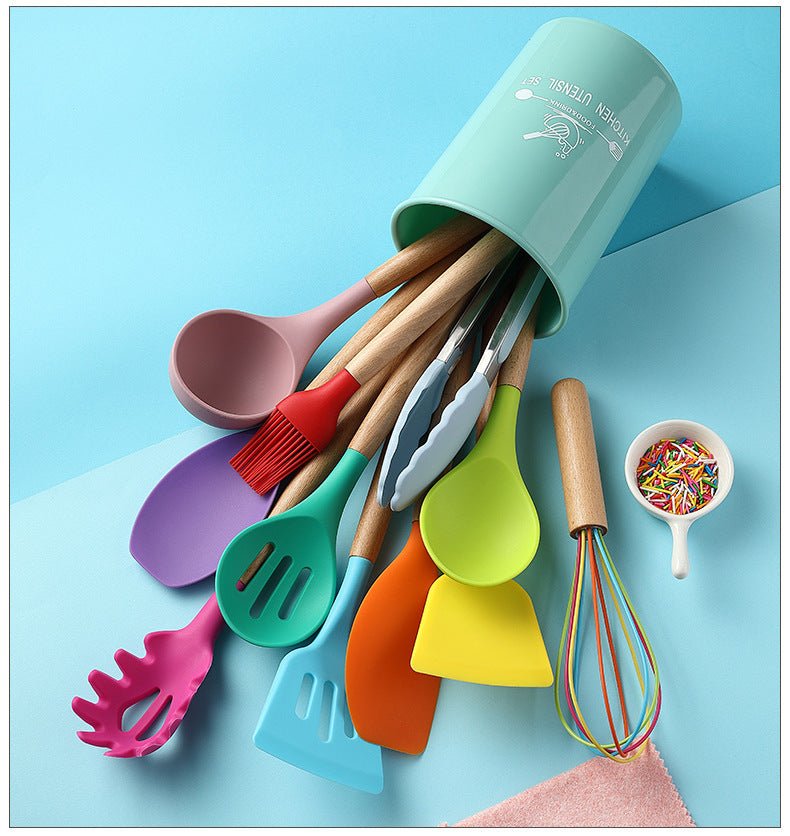 Multi-coloured Kitchen Utensil Set With Bamboo Handle - Organisation Station AU