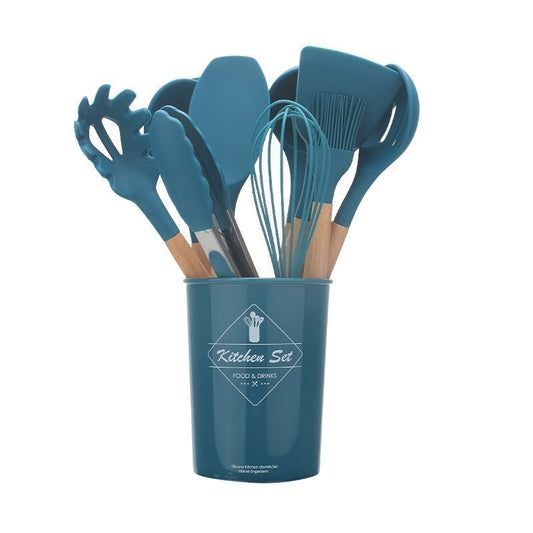 Navy Blue Kitchen Utensil Set With Bamboo Handle - Organisation Station AU