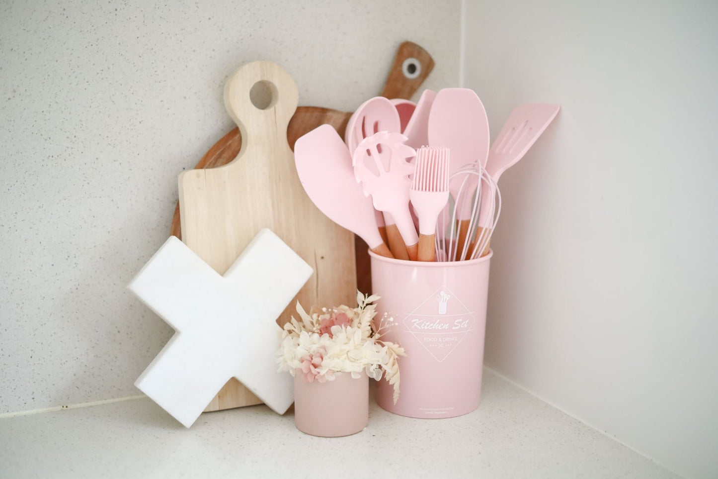 Pink Kitchen Utensil Set With Bamboo Handle - Organisation Station AU