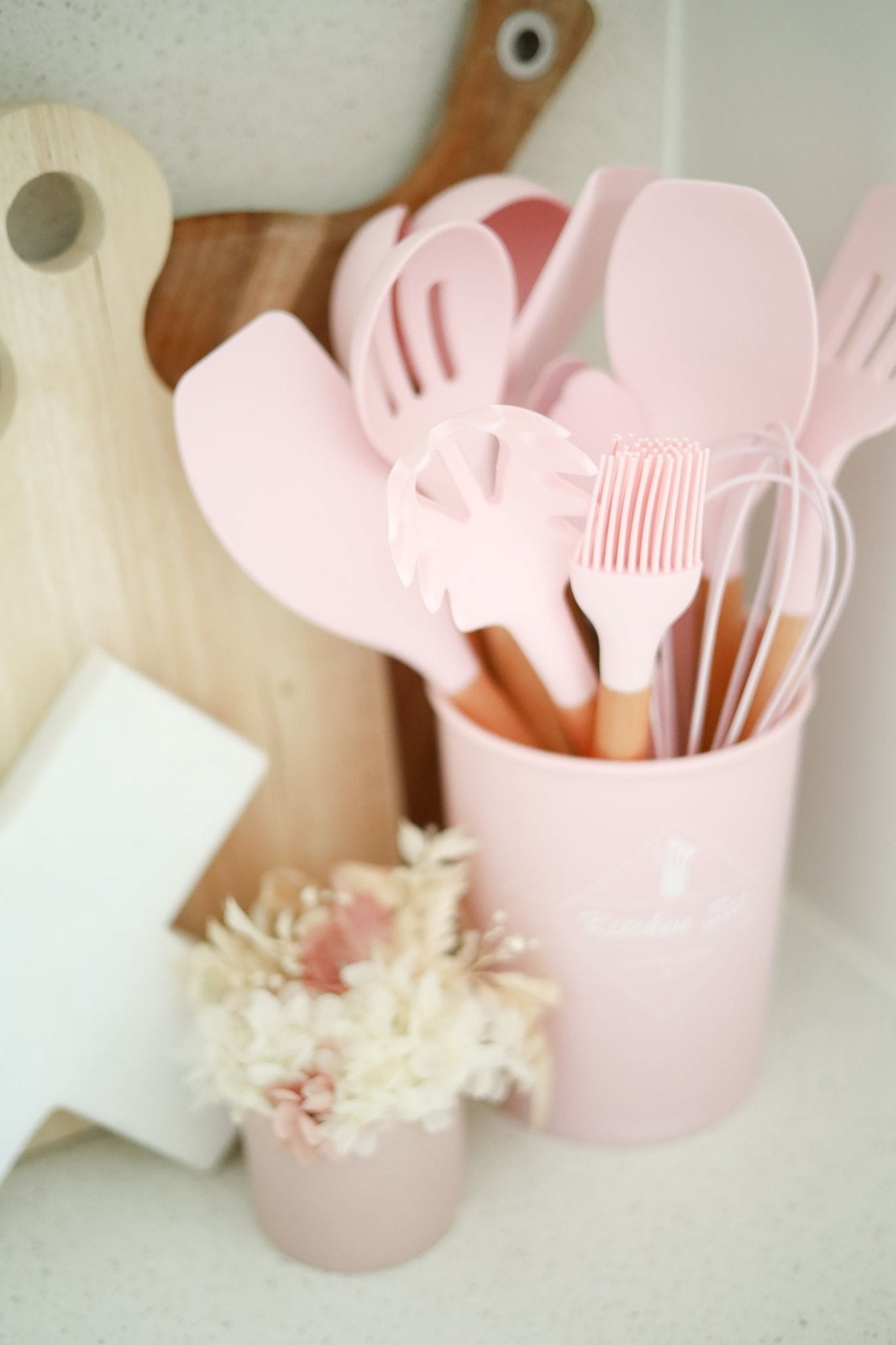 Pink Kitchen Utensil Set With Bamboo Handle - Organisation Station AU