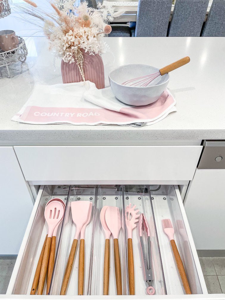 Pink Kitchen Utensil Set With Bamboo Handle - Organisation Station AU