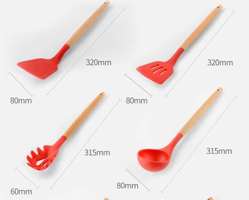 Red Kitchen Utensil Set With Bamboo Handle - Organisation Station AU