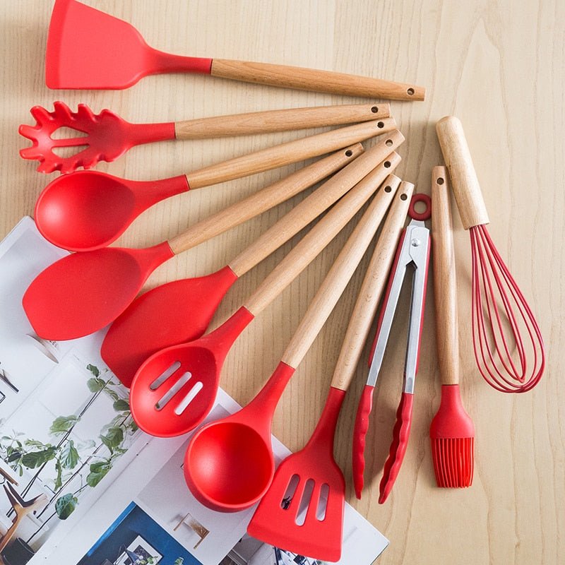 Red Kitchen Utensil Set With Bamboo Handle - Organisation Station AU