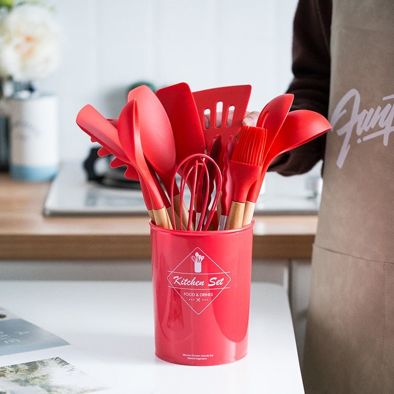 Red Kitchen Utensil Set With Bamboo Handle - Organisation Station AU