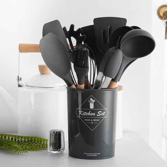 Black Kitchen Utensil Set With Bamboo Handle - Organisation Station AU