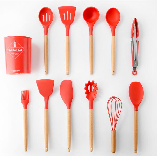 Red Kitchen Utensil Set With Bamboo Handle - Organisation Station AU